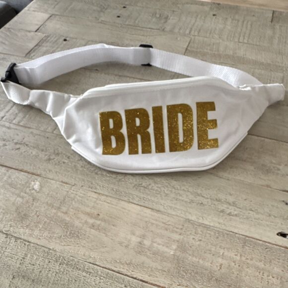 Handbags - White Waist Pack, BRIDE Fanny Pack Gold Glitter Text, Adjustable Strap
